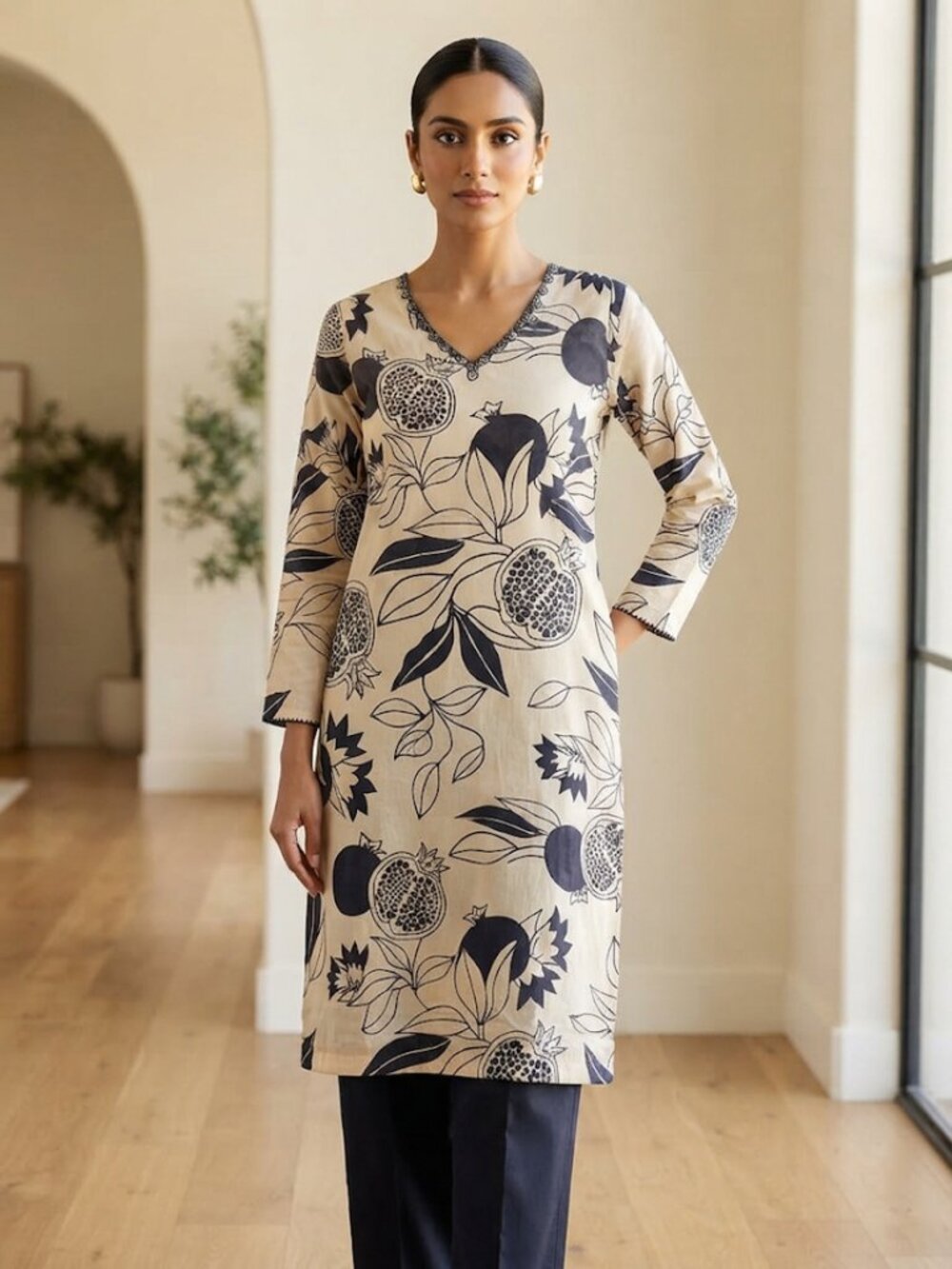 Elegant Floral Print V-Neck Kurta, Women's Cotton Blend Tunic Top, Casual Ethnic